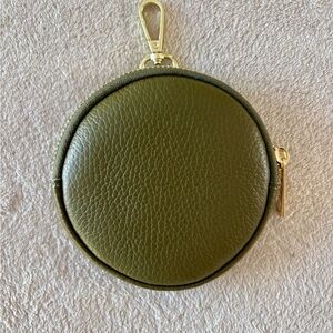 Round Olive Green Leather Coin Pouch with Gold Hardware